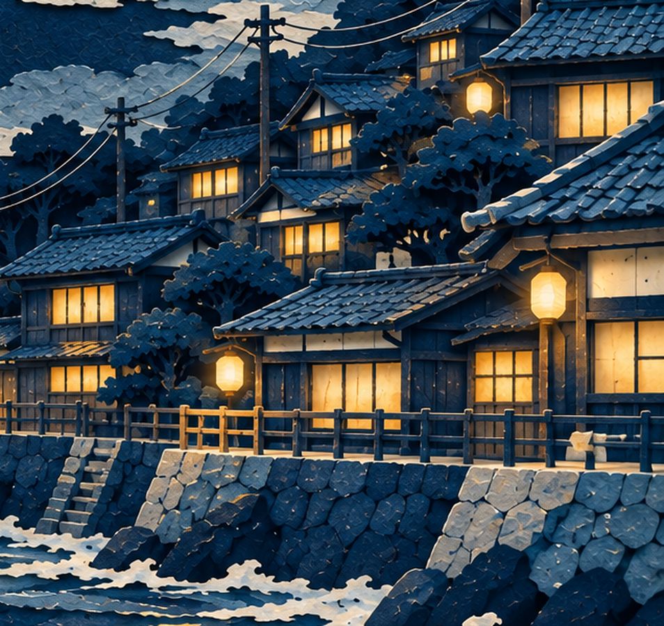 和紙の切り絵の、灯りのともる町並み
